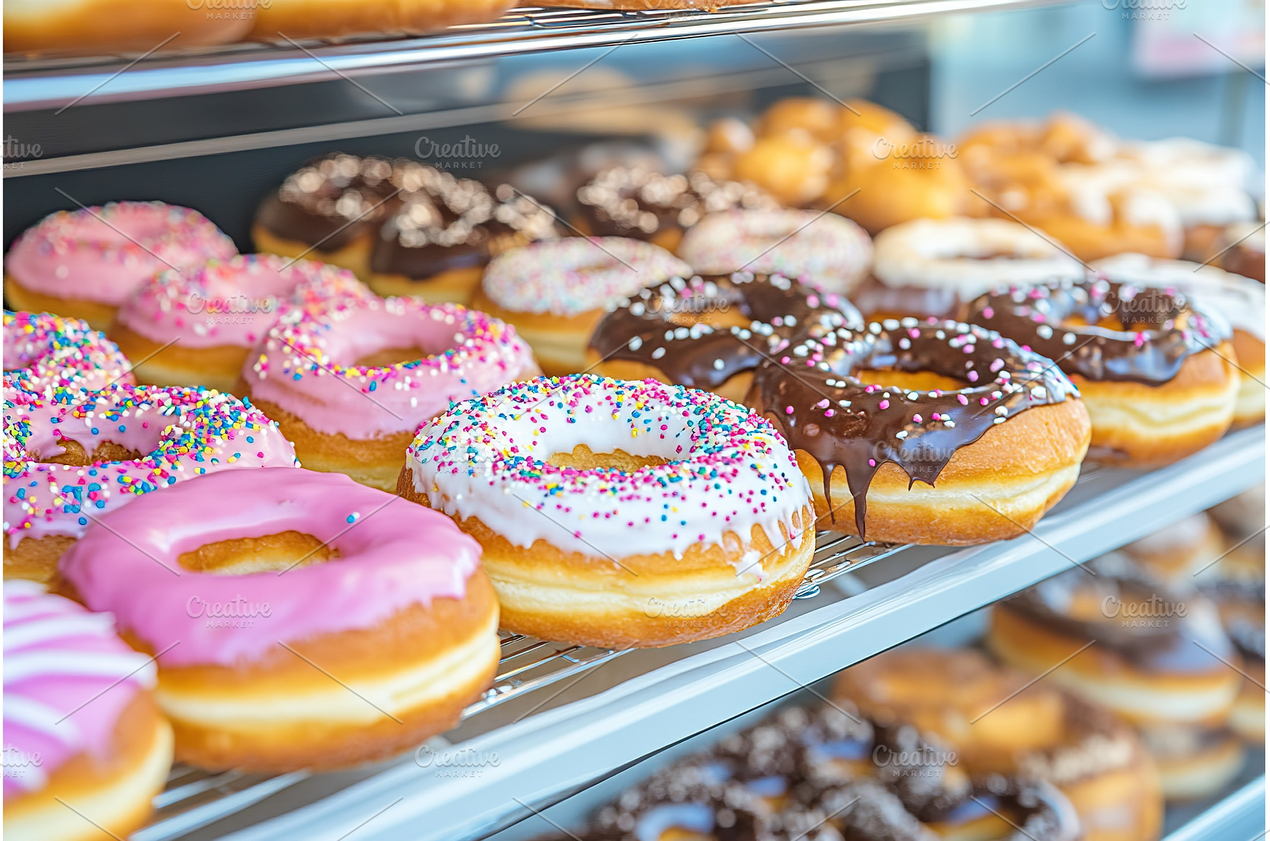 Assorted colorful donuts on display, a Food & Drink Photo by Lermont51