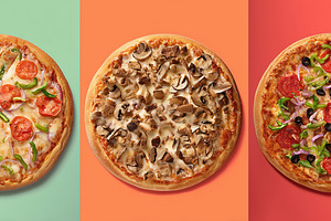 Vibrant trio of delicious pizzas, a Food & Drink Photo by MistyDay