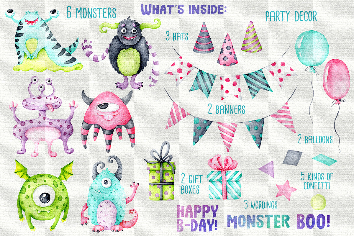 Monsters watercolor clipart, an Object Graphic by Trinibis (Photo 2 of 4)