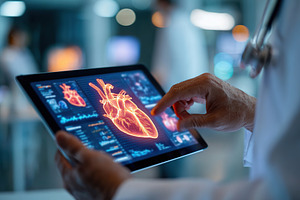 Healthcare professional in white coat analyzes heart data on tablet in modern m, a Technology Photo by AlyaAnd