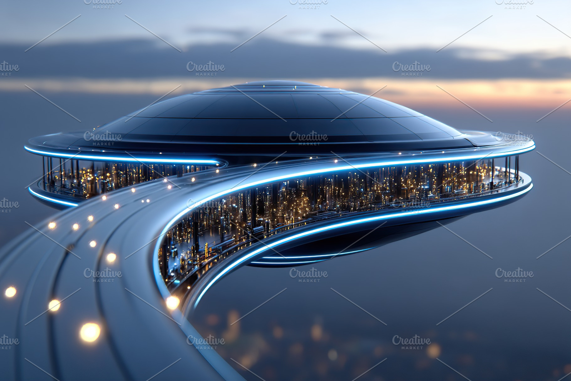 Futuristic flying structure with glowing edges over a city skyline at twilight, an Architecture Photo by AlyaAnd