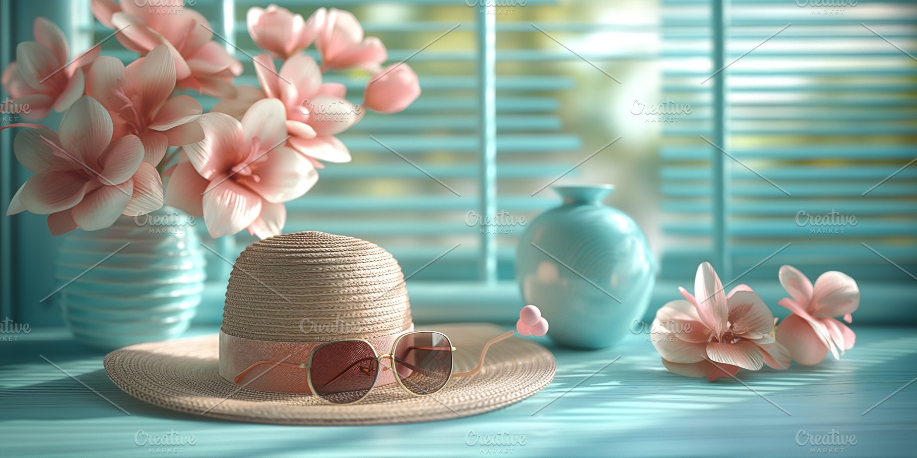 A stylish straw hat rests beside elegant pink flowers and a turquoise vase, rad, a Business Photo by ImageMir