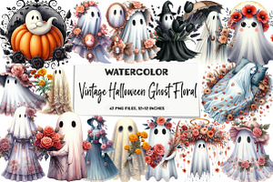 Vintage Halloween Ghost Floral Clipa, an Illustration by DreamArtGraphic