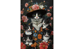 Floral Tuxedo Cat Family Painting, an Animal Illustration by Art Paradise Studios