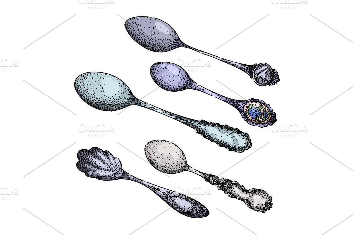 spoon engraved silver set sketch, an Illustration by pikepicture