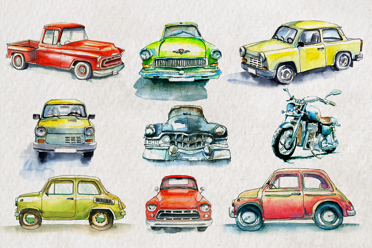 Retro cars. Watercolor illustrations, a Transportation Illustration by iri-illustration (Photo 4 of 11)