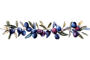 Watercolor Olive Branch Ripe Purple, a Food Illustration by AlexArt