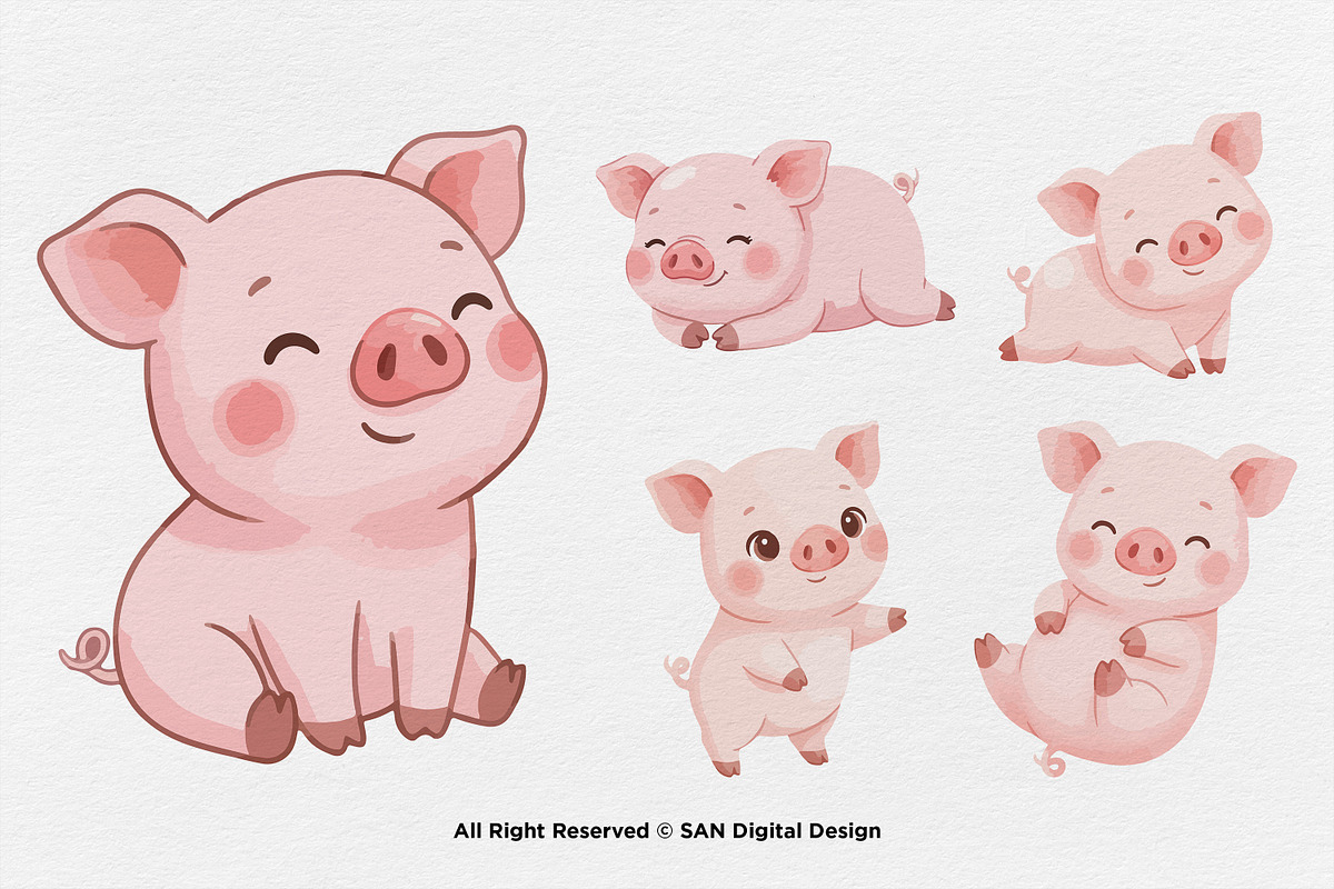 15 Bundle Watercolor Cute Pig Pink, an Animal Illustration by Morspective (Photo 5 of 8)