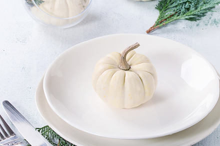 White decorative pumpkins containing table, decor, and fall, a Food & Drink Photo by Natasha Breen
