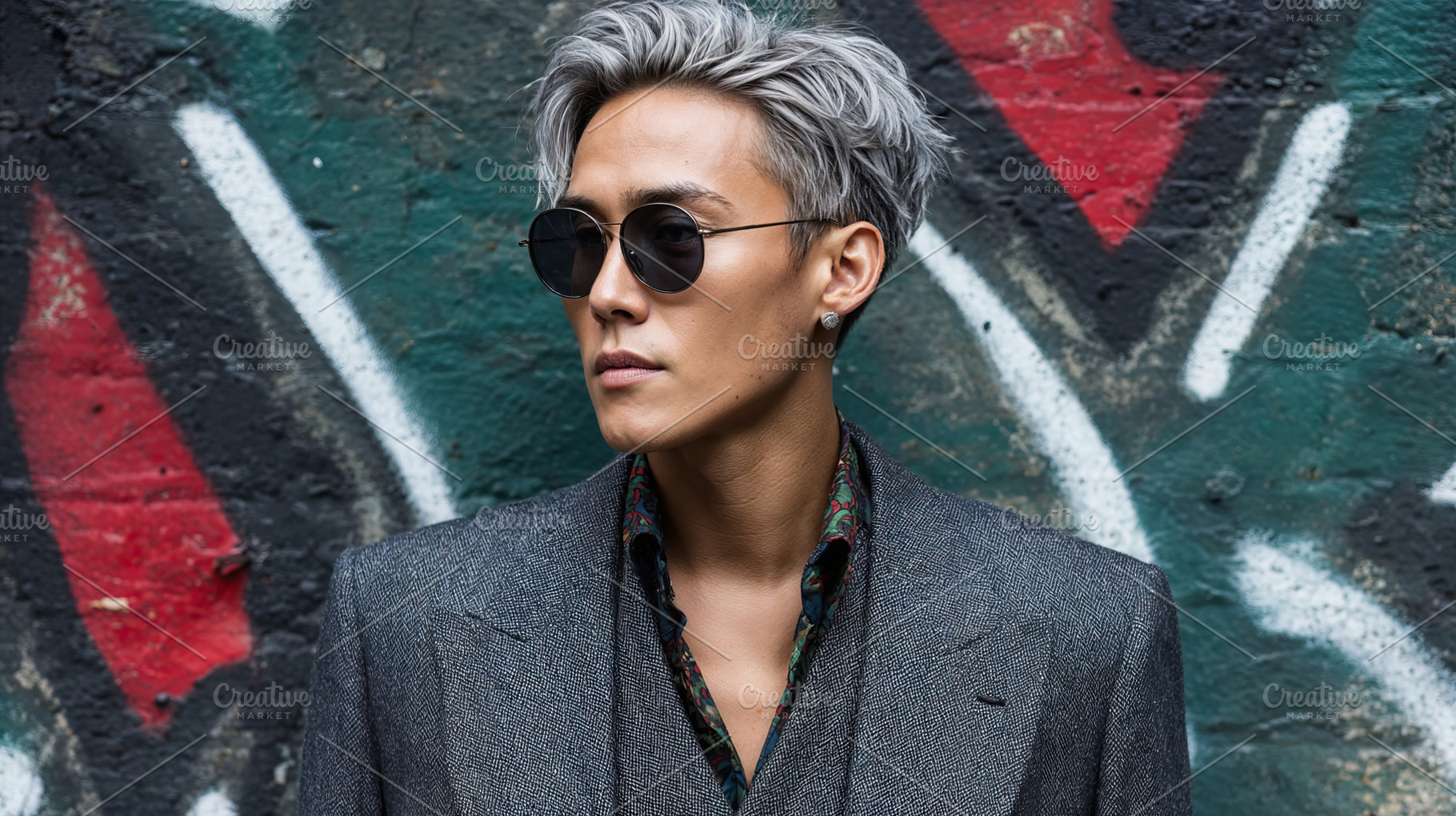 Influencer man flaunts fashion against colorful graffiti backdrop, a Person Photo by OSORIOartist