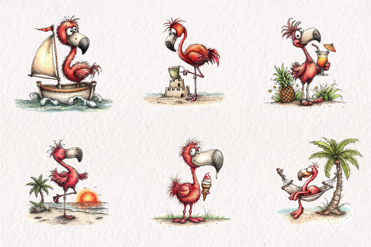 Whimsical Summer Flamingo Clipart, an Illustration by CreationArt (Photo 6 of 7)