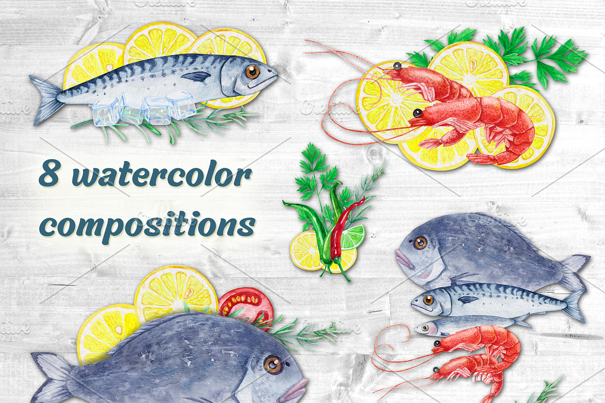 Watercolor sea food and spices, a Food Illustration by Darka_Podarka (Photo 4 of 8)