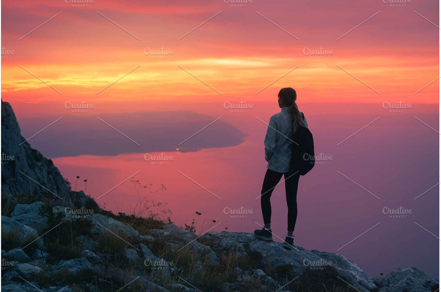 Women hiker with backpack standing, a Nature Photo by den-belitsky