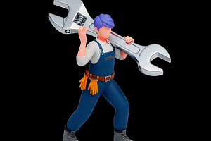 Mechanic with Giant Wrench. 3D Illus, a Person Photo by angellodeco