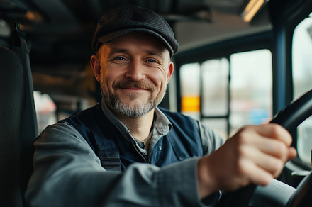 A smiling male bus driver wearing a cap and uniform, seated in the driver's sea, a Person Photo by Textures & Backgrounds