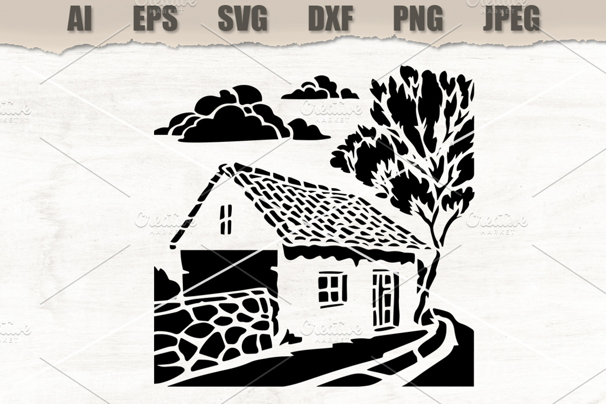 Stencil Cottage Country Landscape, a Decorative Illustration by MARYCRAFTIRIA (Photo 1 of 3)