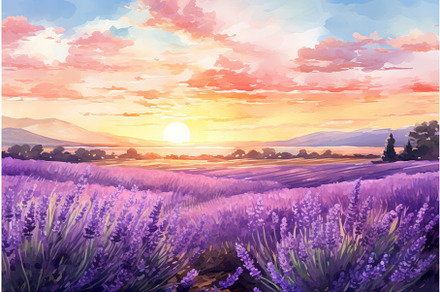 Watercolor lavender field art, an Illustration by Ylivdesign
