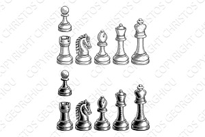 Chess Pieces Woodcut Icon Set, an Illustration by Christos Georghiou