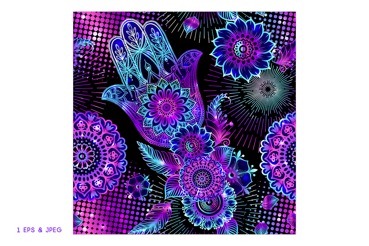 Neon Hamsa Seamless Pattern, a Pattern Graphic by Elen-Lane (Photo 2 of 2)