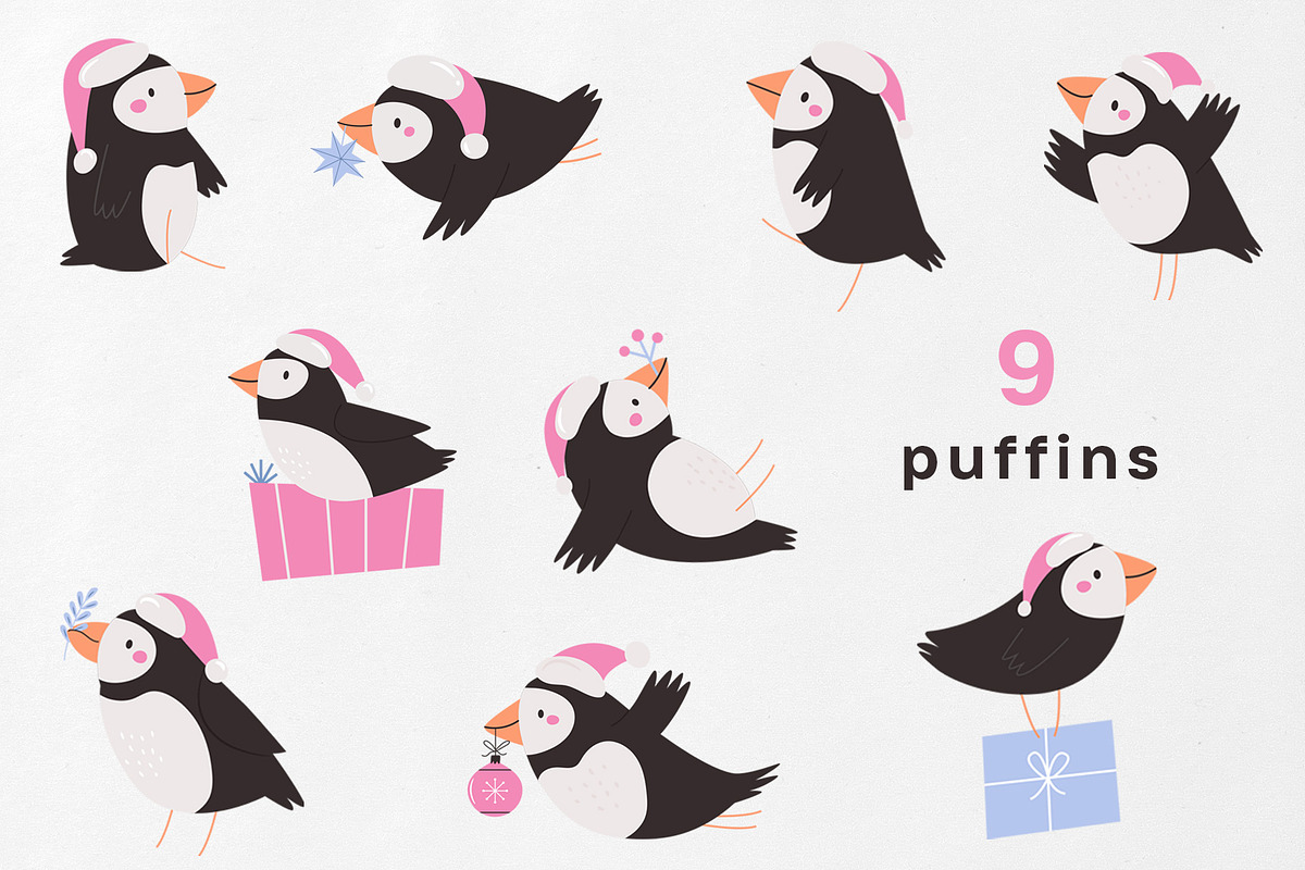 Christmas Puffins Clipart & Patterns, an Animal Illustration by danceyourlife (Photo 4 of 7)