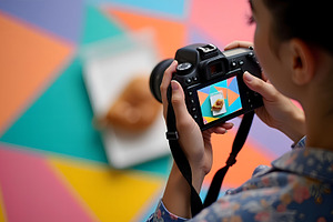 Woman Taking Photo of Food with Digi, a Person Photo by Stock Shape