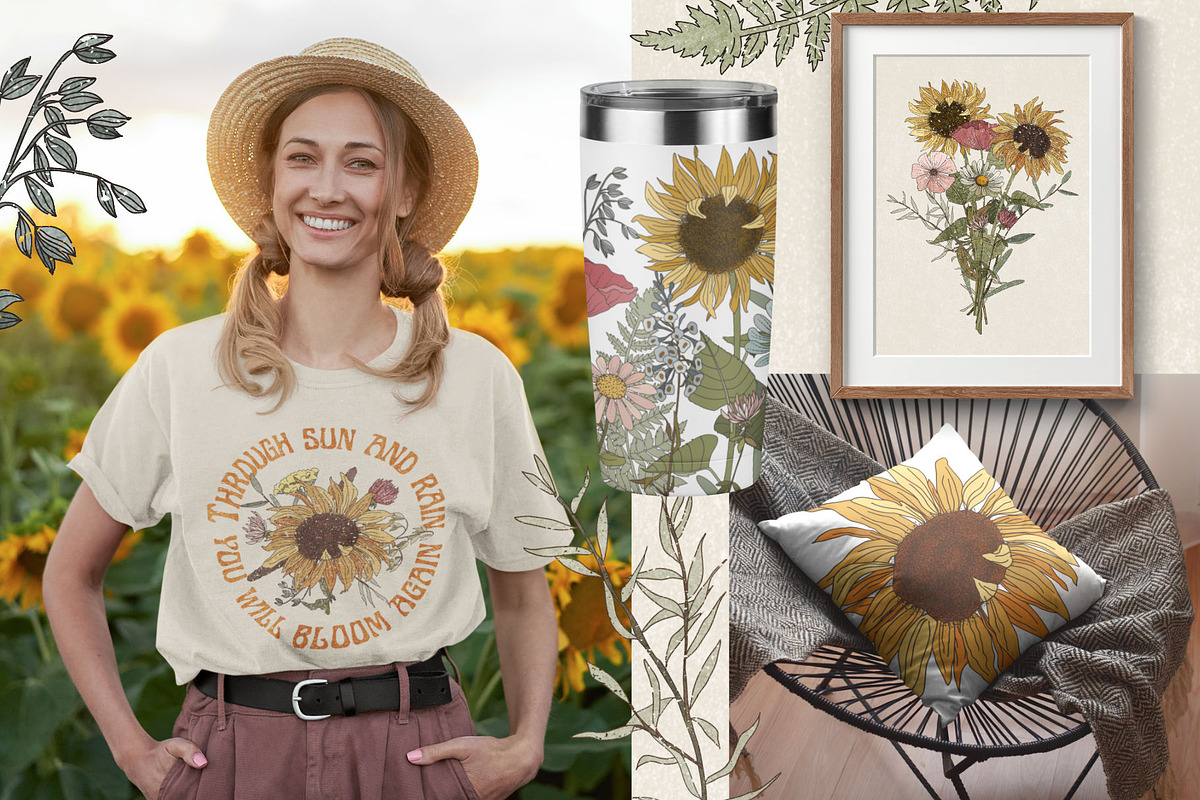 Retro field flowers & sunflowers, a Decorative Illustration by marie dricot (Photo 3 of 10)