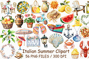 Watercolor Italian Summer Clipart, an Illustration by Design Market (Thumbnail 1 of 3)