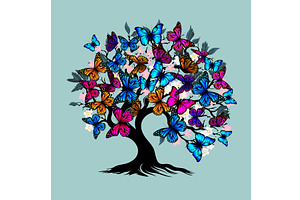 Tree With Butterflies. Hand Drawing