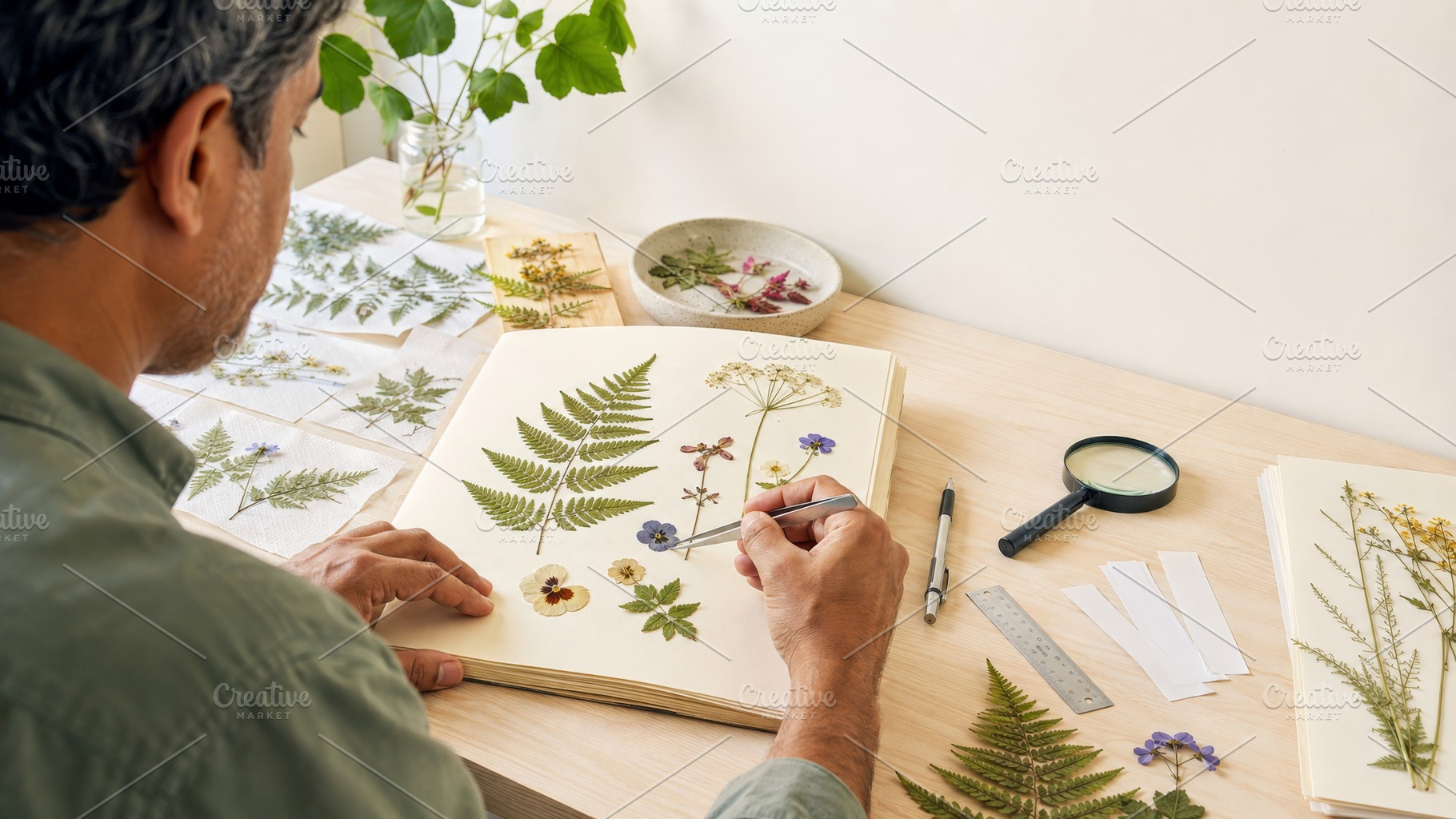 Man arranging dried pressed flowers, a Photo by Dvoevnore photos