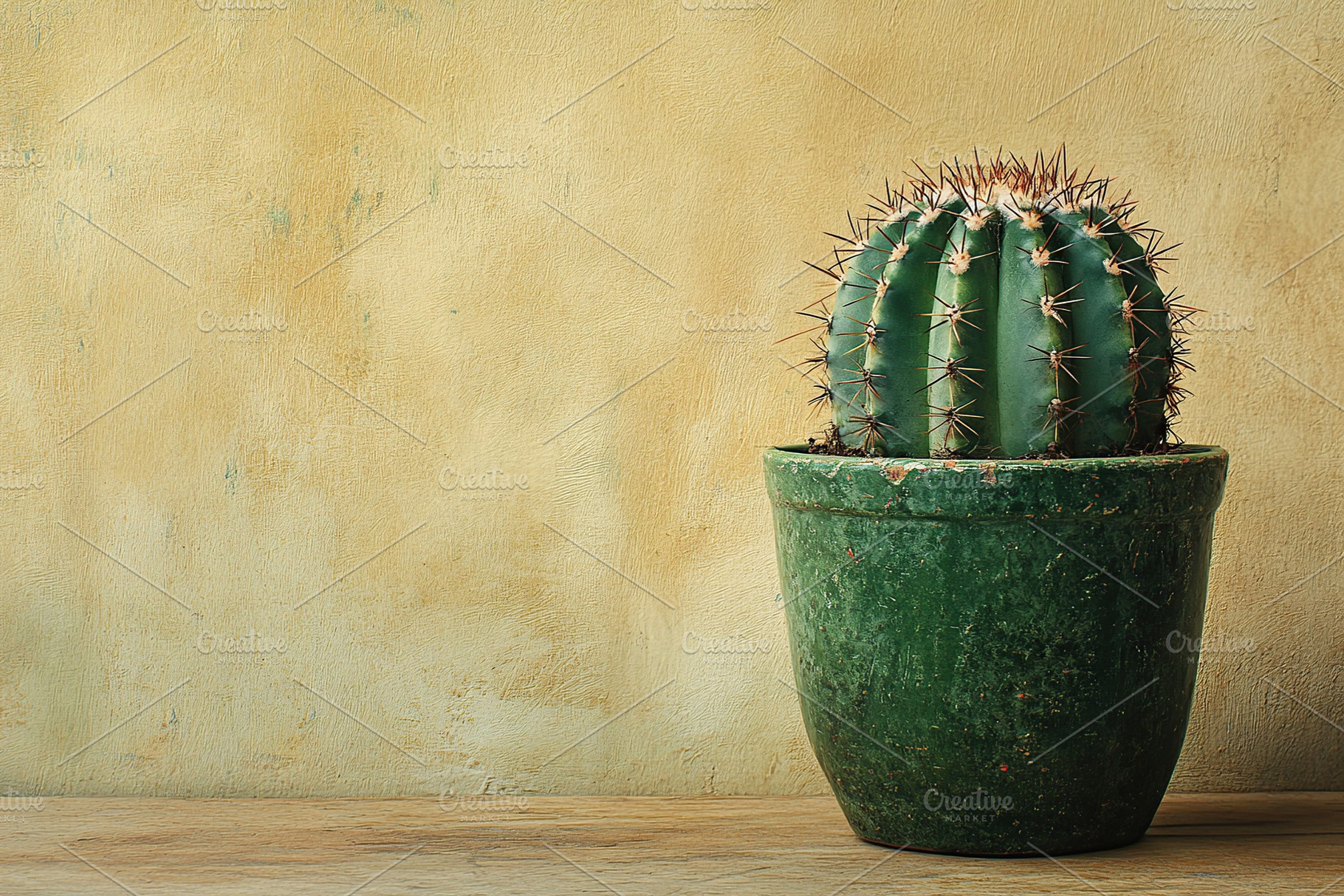 Cactus opuntia in a green pot placed on wooden surface against a textured wall, a Nature Photo by AlyaAnd