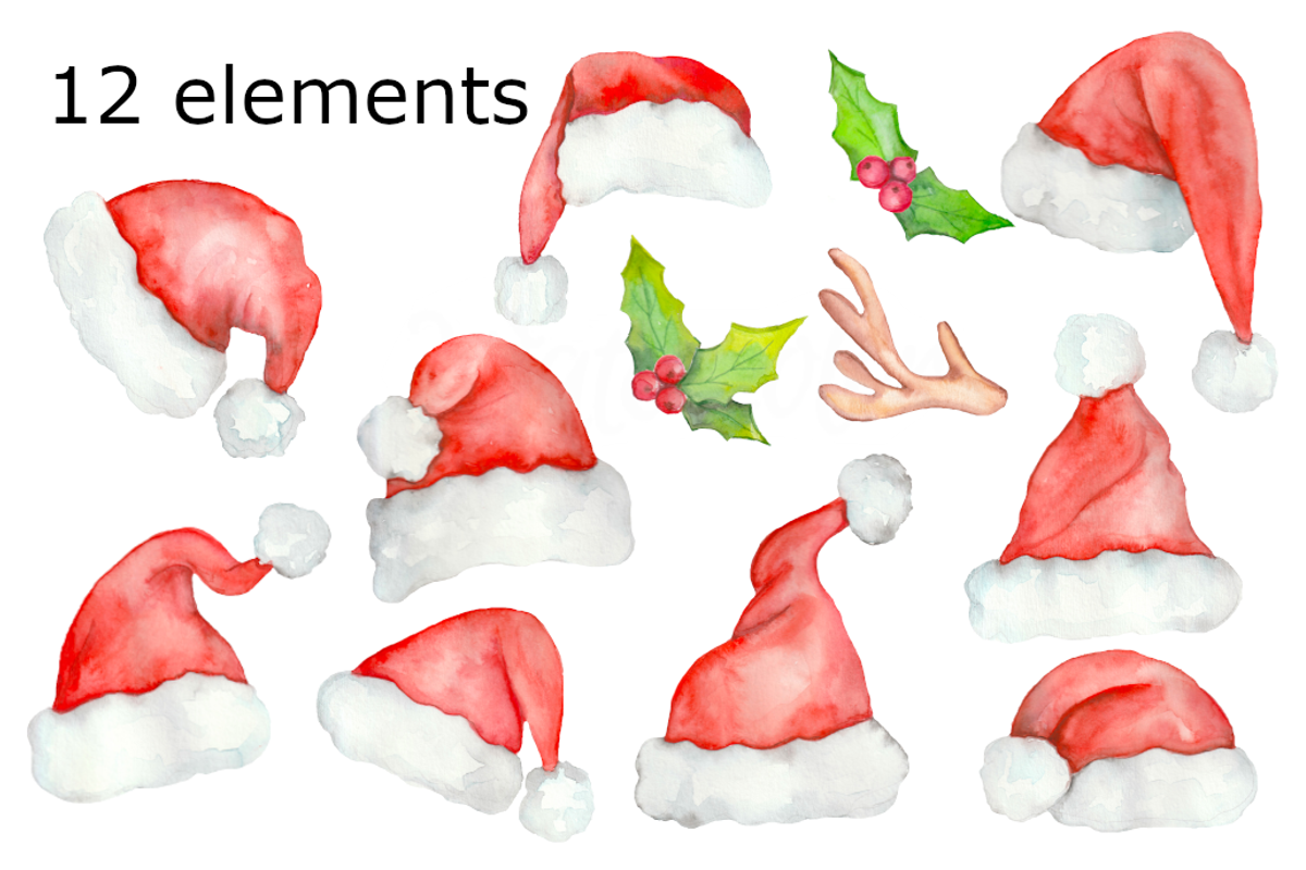 Santa hats watercolor clipart, a Background Graphic by GoodFairyClipArt (Photo 2 of 2)