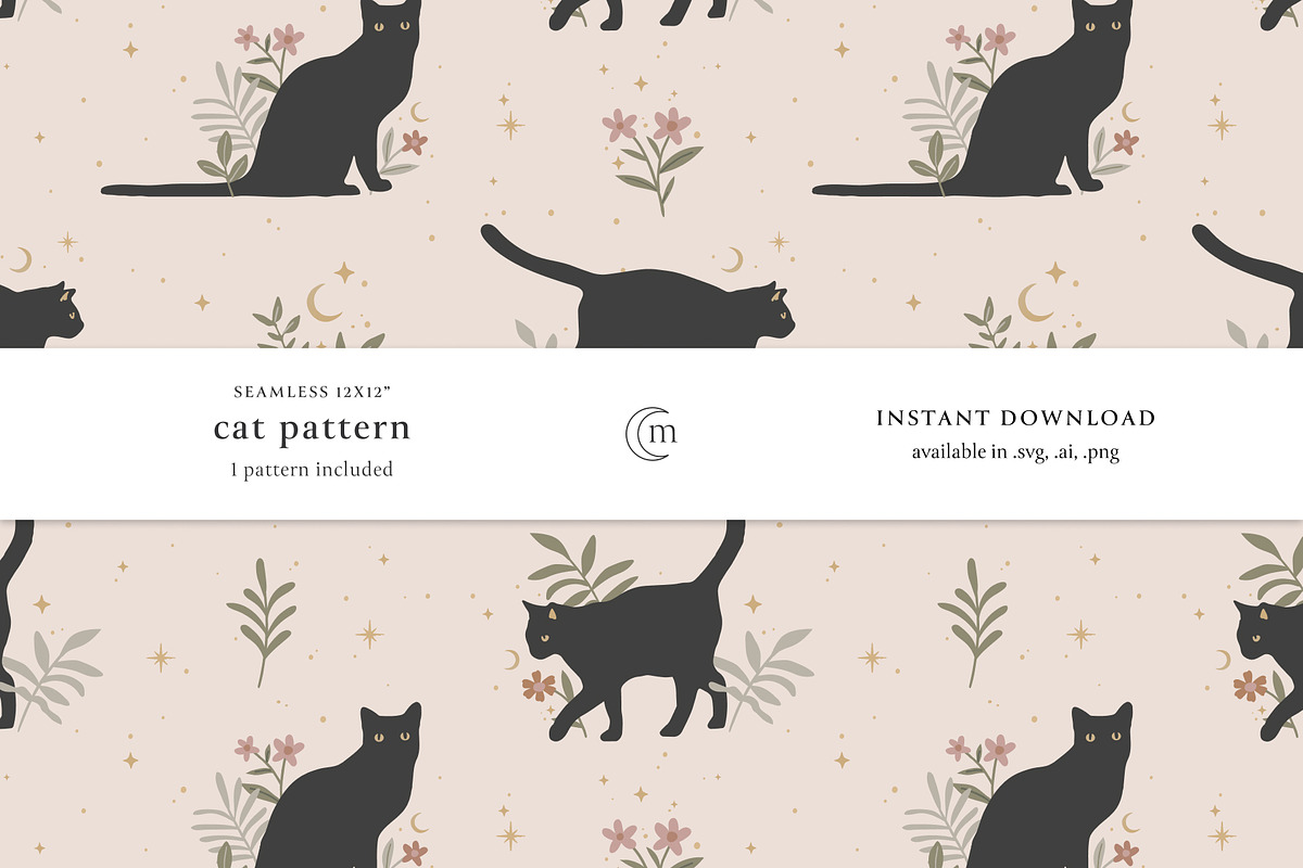 Botanical Celestial Cat Pattern, a Pattern Graphic by Minimal Marks