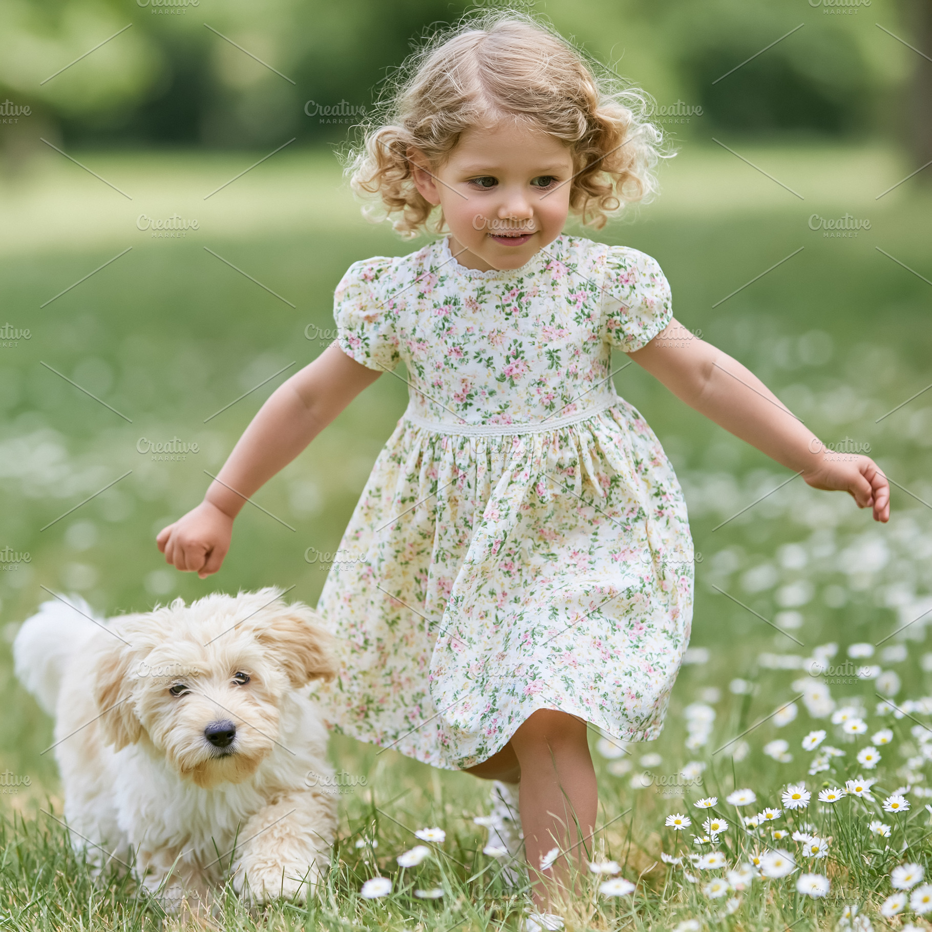 Young child and fluffy puppy playing outdoors in a sunny meadow,, a Person Photo by Studio ANNA