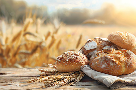 Fresh baked bread on table on wheat field background, a Food & Drink Photo by AlyaAnd