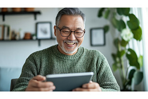Smiling Asian senior man using a, a Technology Photo by Sergey Kotenev