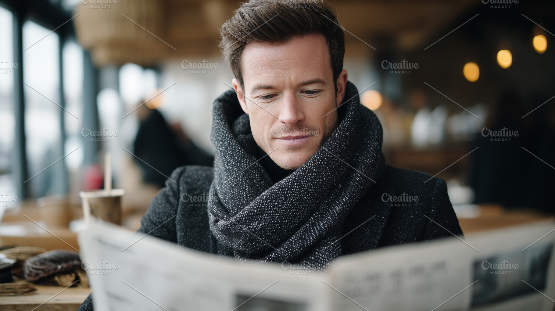 Man in a dark coat and scarf sits in, a Person Photo by MistyDay
