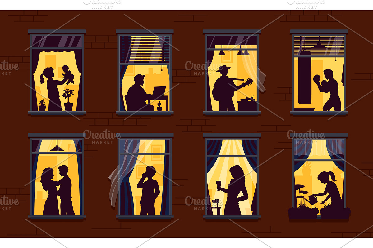 Neighborhood night windows, a Person Illustration by Vector Tradition