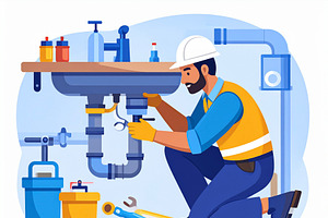 Man plumber fixing pipes under a sink illustration, a Person Illustration by DanFLCreativo