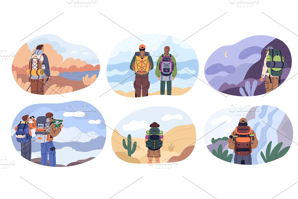 Travelers enjoying view. Hikers with, a Sport Illustration by YummyBuum