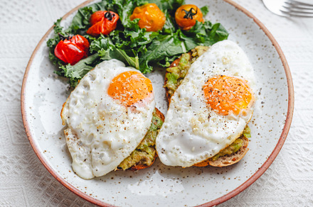 breakfast fried egg avocado toast, a Photo by Art Rachen