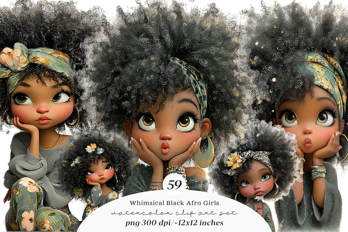 Whimsical black afro girl clipart, an Illustration by SinaCreation (Photo 1 of 11)
