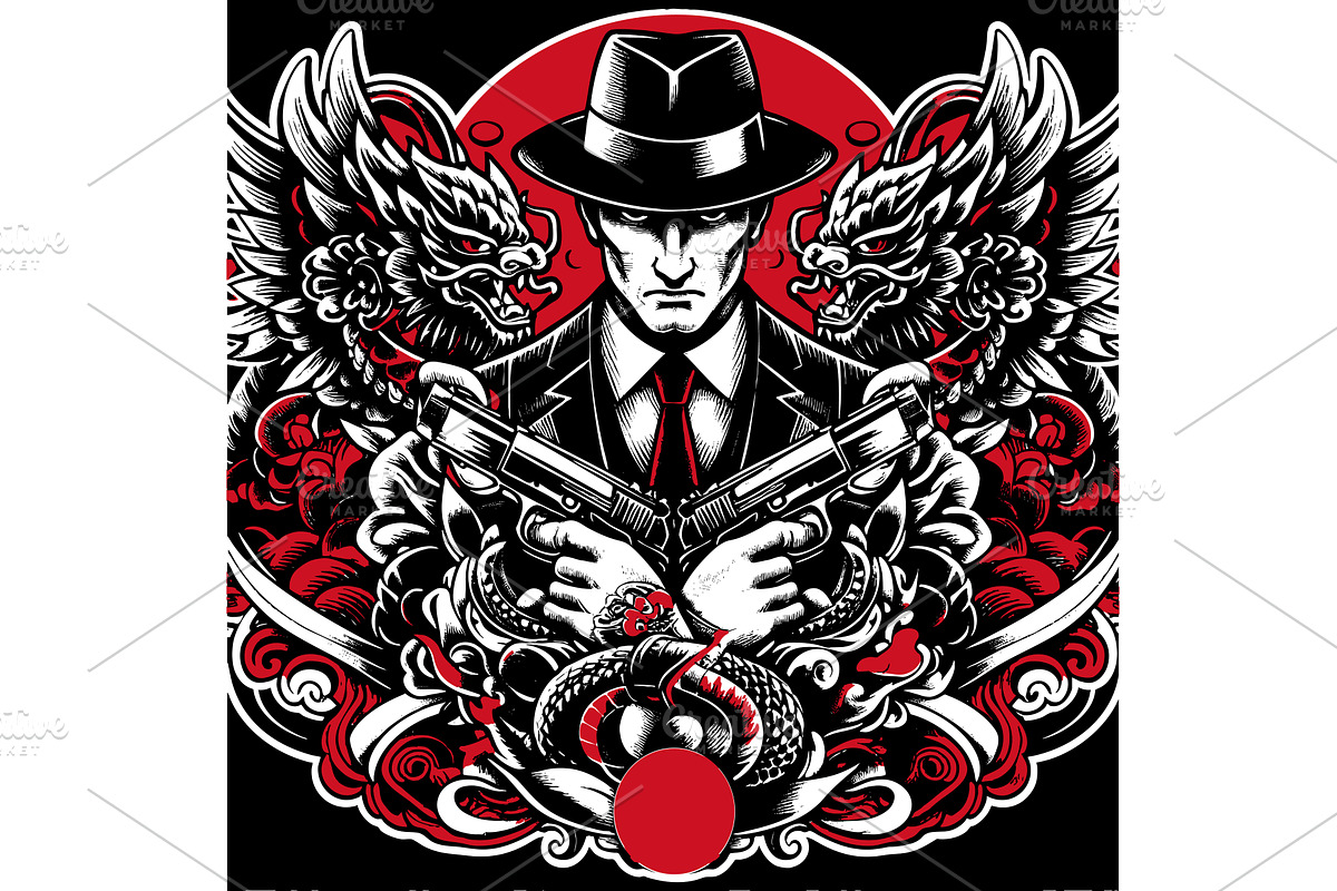 Yakuza Gangster with Guns and, a Person Illustration by AlexArt