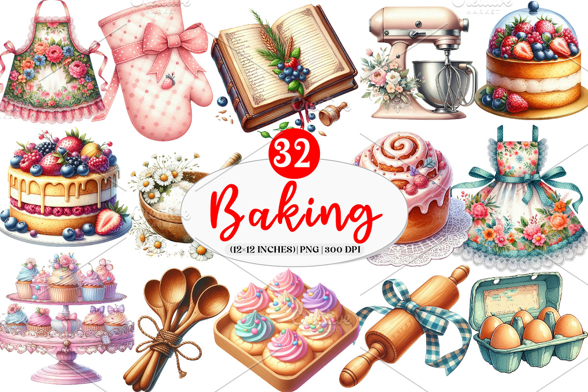 Vintage Baking Sublimation Clipart, an Illustration by Watercolor design (Photo 1 of 4)