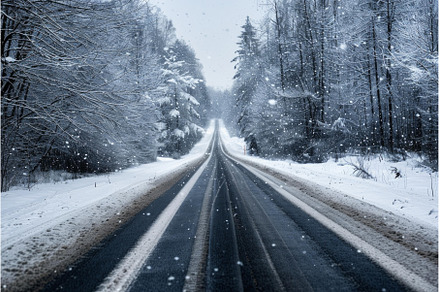 Snow falling on empty asphalt road, a Holiday Photo by Ylivdesign