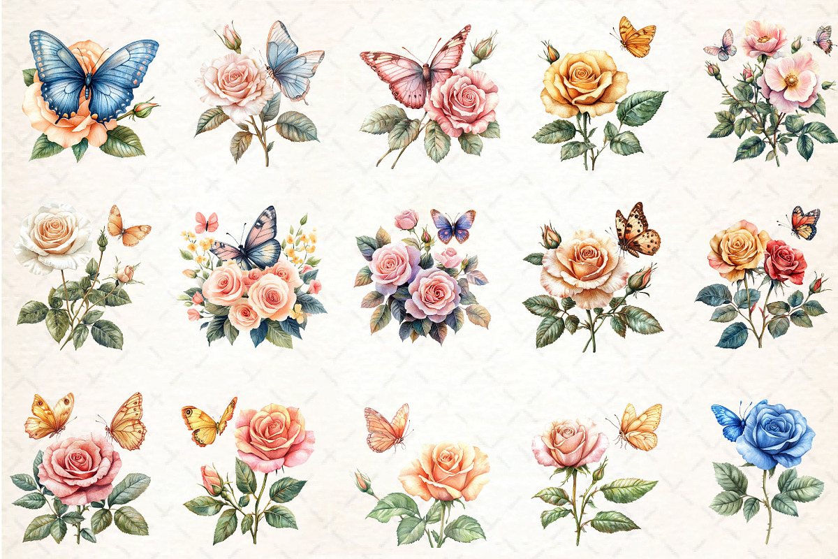 Watercolor Butterfly and Roses Clipa, an Illustration by DreamCafeArt (Photo 2 of 6)