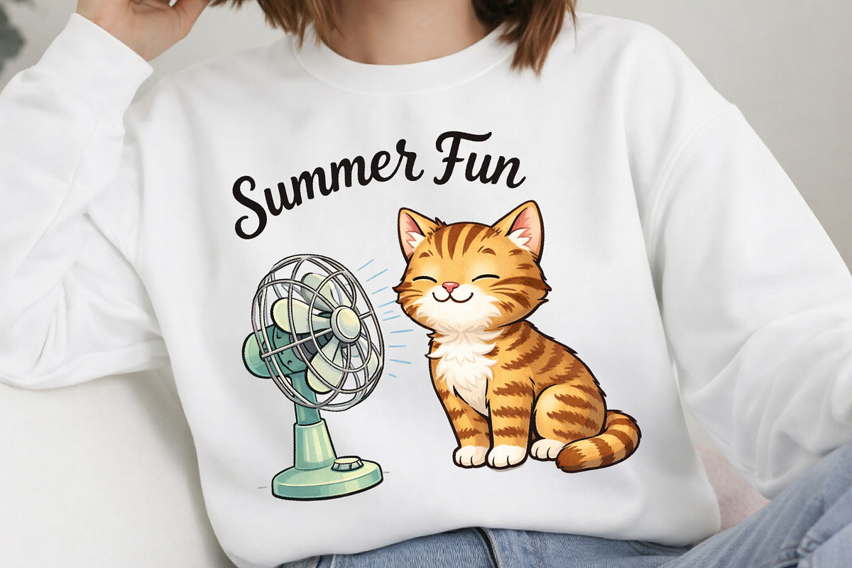 Summer Fun Cat and Fan Cute T-Shirt, an Illustration by DreamArtGraphic (Photo 2 of 4)