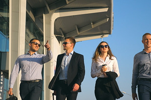 Group of young happy businessmen featuring emotions, positive, and smile