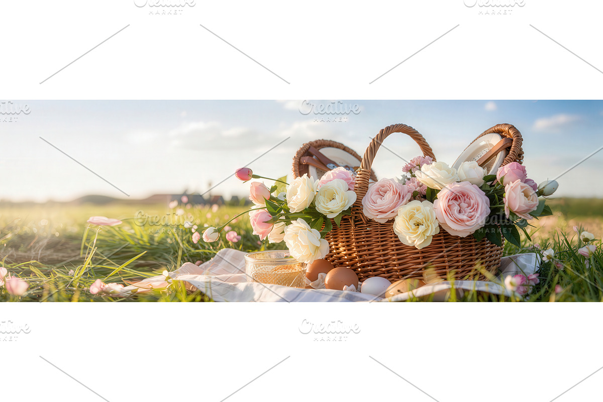 Wicker basket with pastel roses, an Illustration by tilialucida
