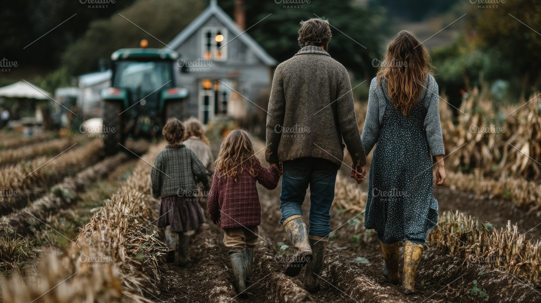 Family walking through muddy cornfields on a small family farm at dusk, parents, a Photo by AS photostudio