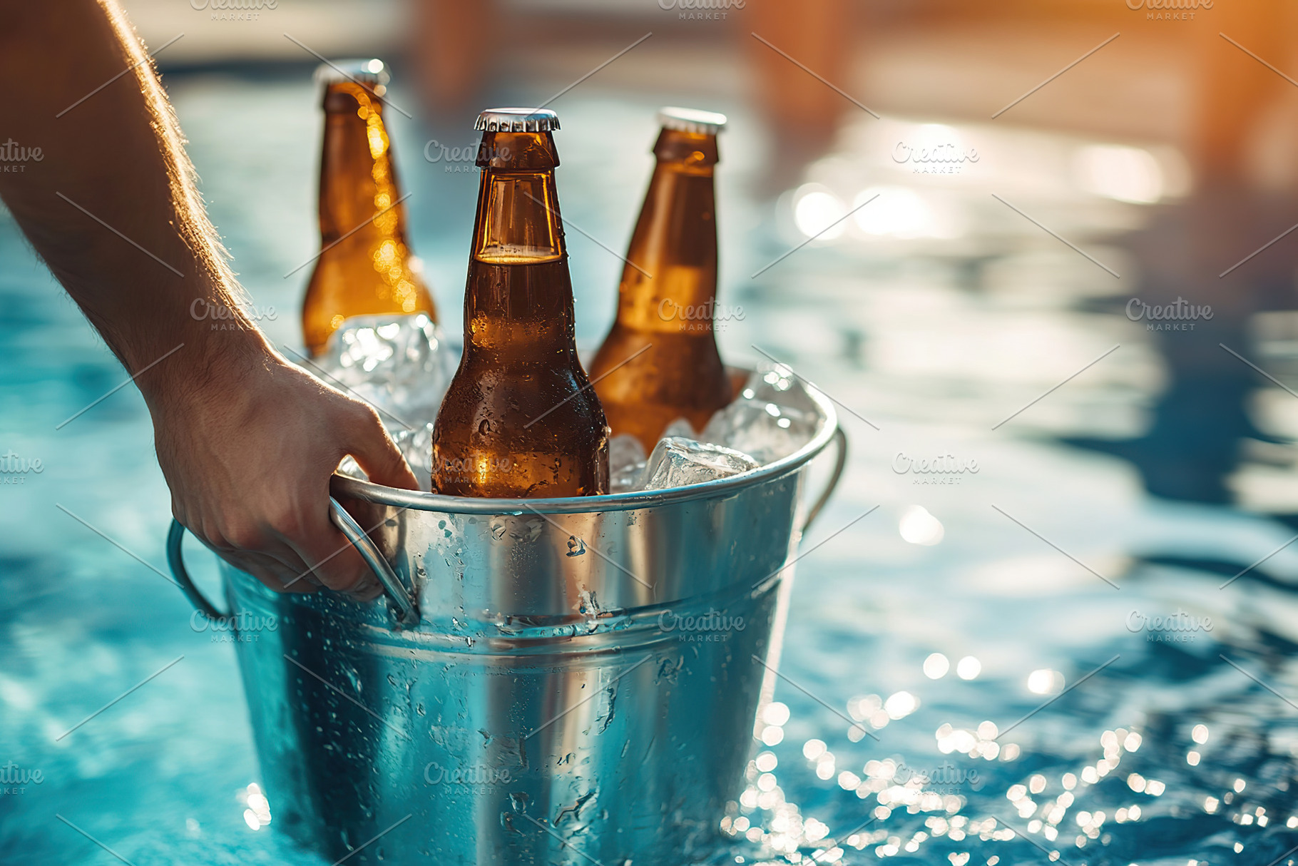 Man carrying ice bucket with beer bottles in swimming pool, a Photo by AlyaAnd